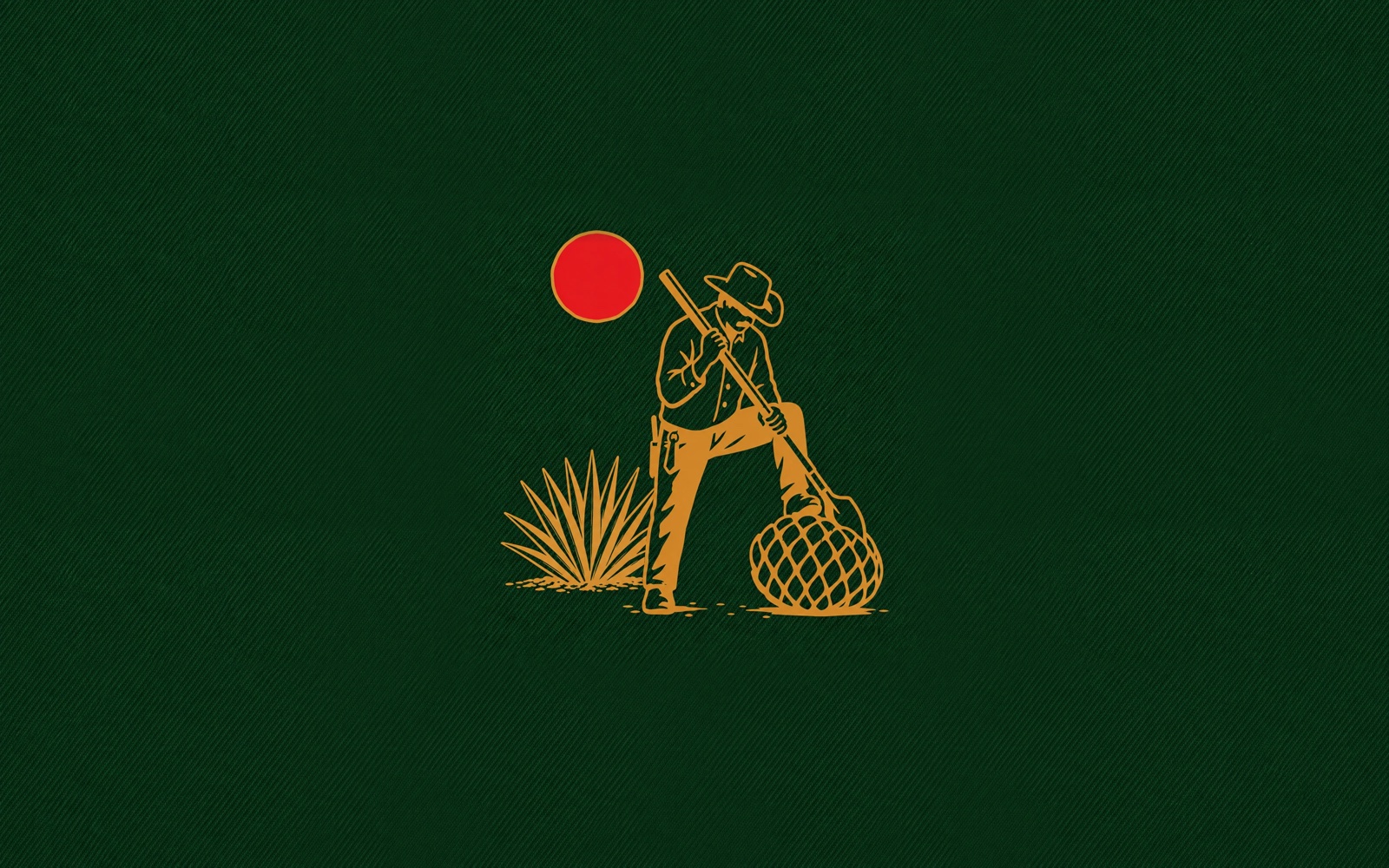 The Jimador design: a jimador with his coa, a harvested agave piña and an agave plant under a red sun, in gold on green