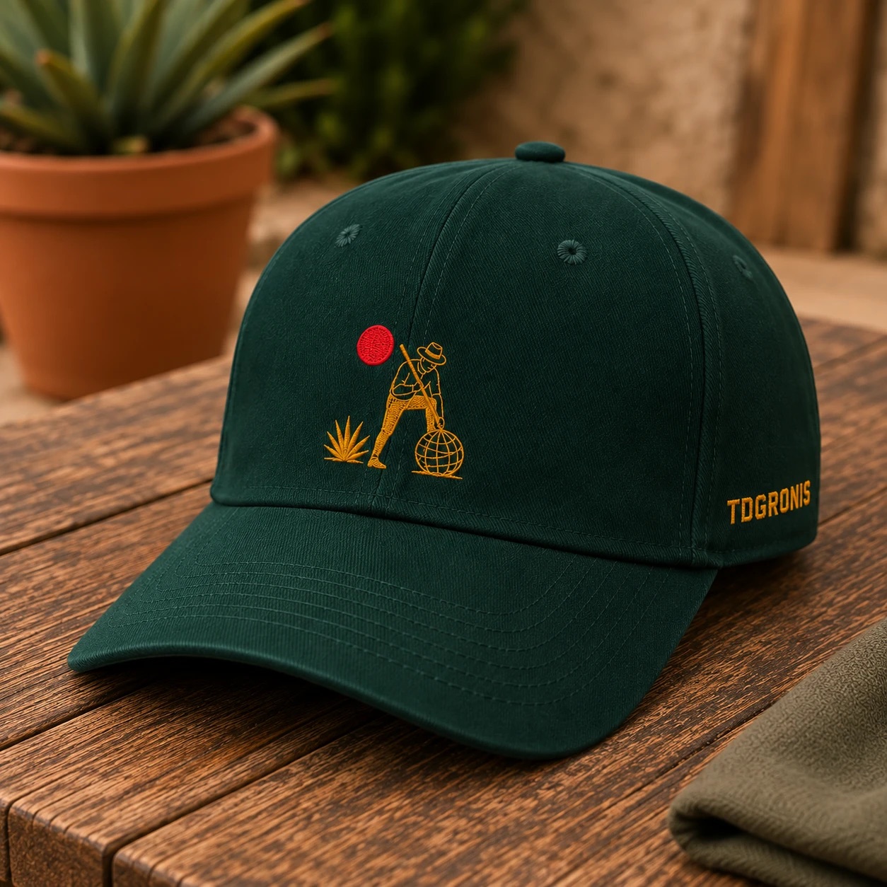 The Mezgroni Hat, hunter green with the gold mezcalero embroidered on the front and TOGRONIS on the side